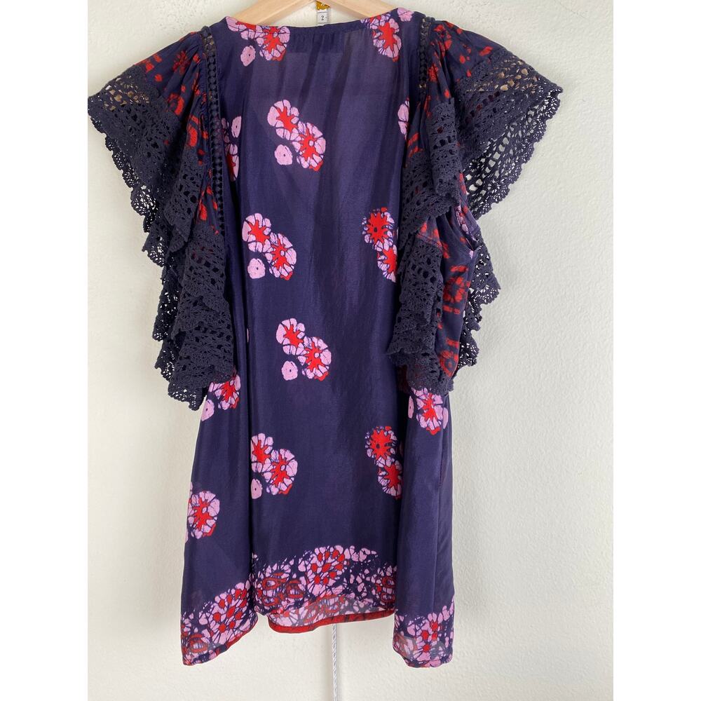 Sea New York Floral Ruffle Sleeve Blouse Navy Red Pom Detail 2 - Picture 13 of 16